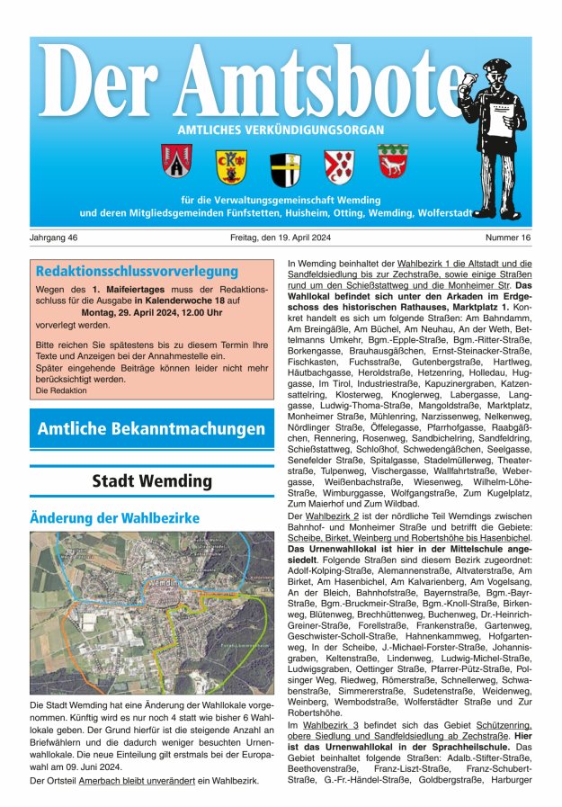 Der Amtsbote - Wemding Verwaltungsgemeinschaft Titelblatt 16/2024