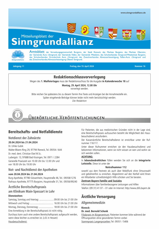 Mitteilungsblatt der Sinngrundallianz Titelblatt 16/2024