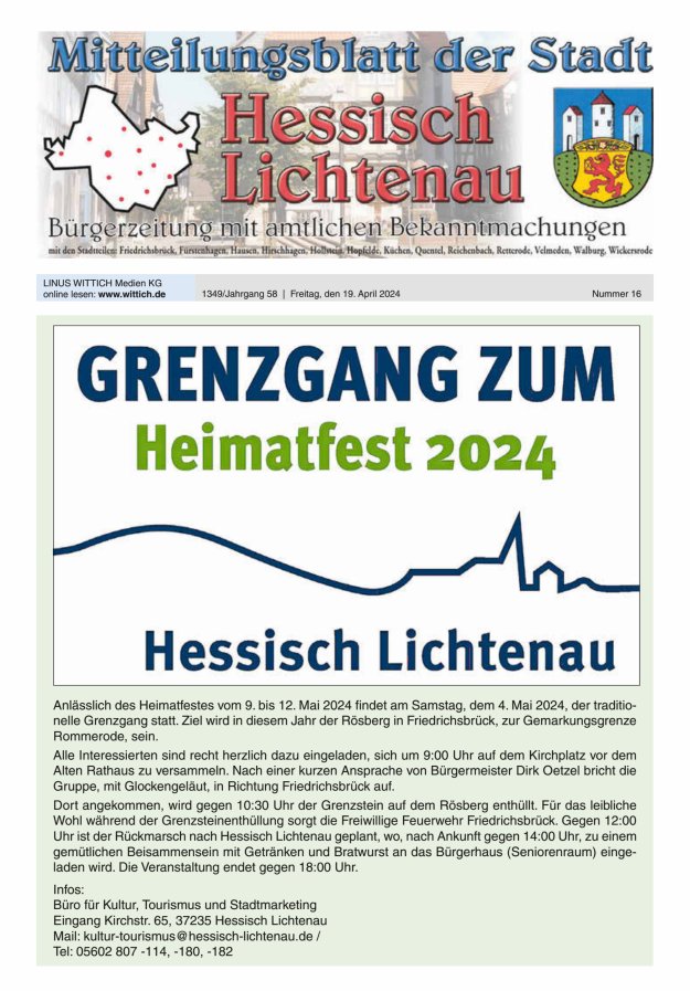 Mitteilungsblatt der Stadt Hess Lichtenau Titelblatt 16/2024