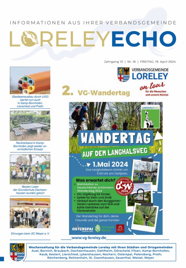 Loreley-Echo - Mitteilungsblatt der Verbandsgemeinde Loreley (Braubach) Titelblatt 16/2024