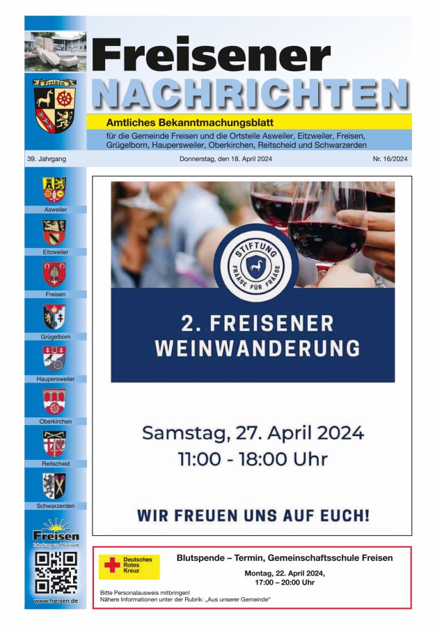 Freisener Nachrichten Titelblatt 16/2024