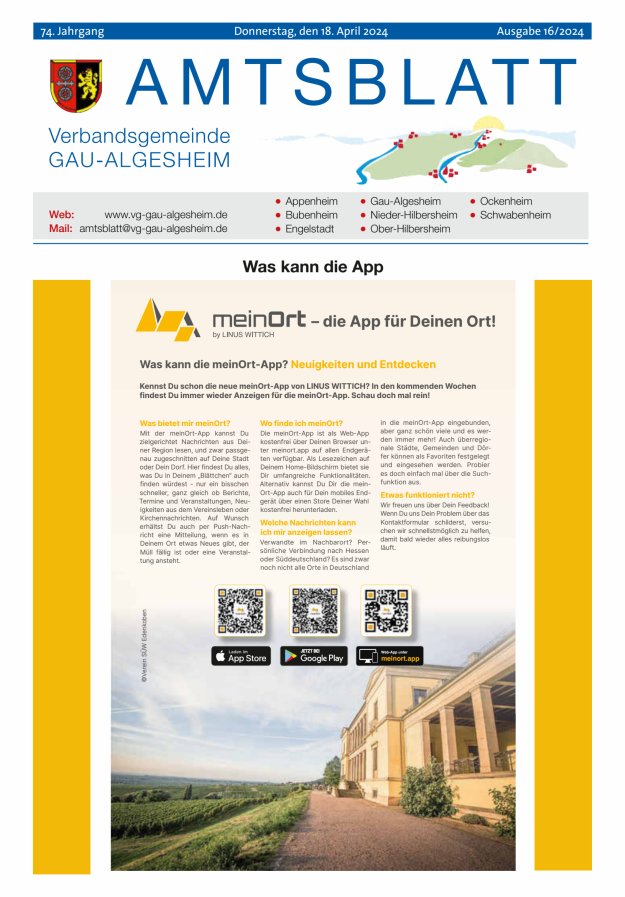 Amtsblatt der VG Gau-Algesheim Titelblatt 16/2024