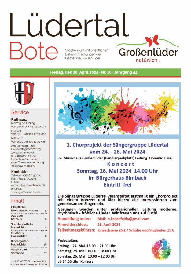 Wochenblatt mit öffentlichen Bekanntmachungen der Gemeinde Großenlüder Titelblatt 16/2024