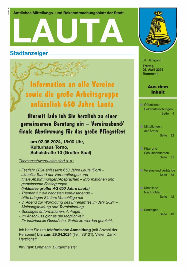 Amtliches Mitteilungs- und Bekanntmachungsblatt der Stadt Lauta - Stadtanzeiger Titelblatt 04/2024