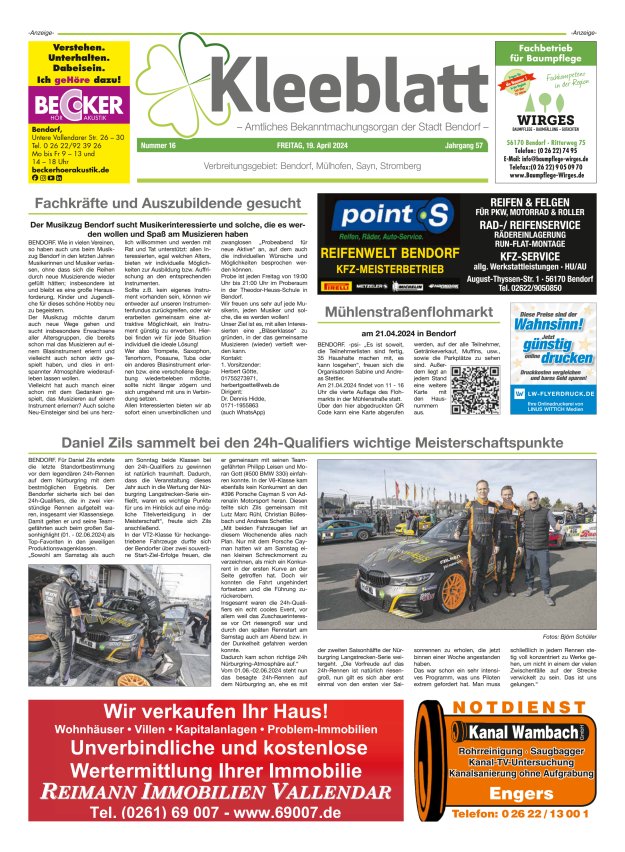 Kleeblatt - Amtliches Bekanntmachungsorgan der Stadt Bendorf Titelblatt 16/2024
