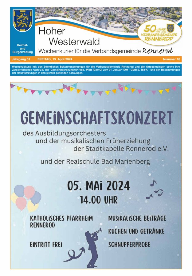 Hoher Westerwald - Wochenkurier für die Verbandsgemeinde Rennerod Titelblatt 16/2024
