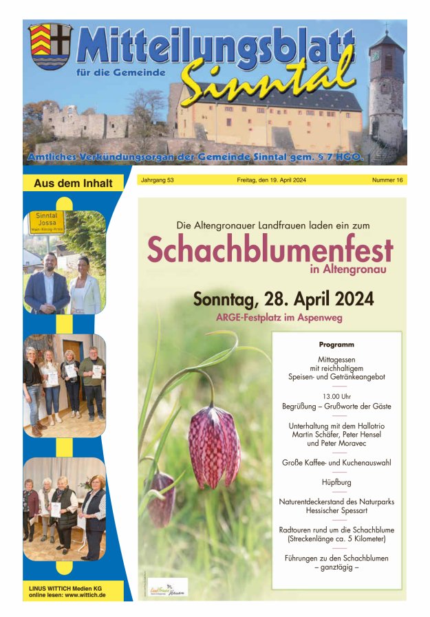 Mitteilungsblatt für die Gemeinde Sinntal Titelblatt 16/2024