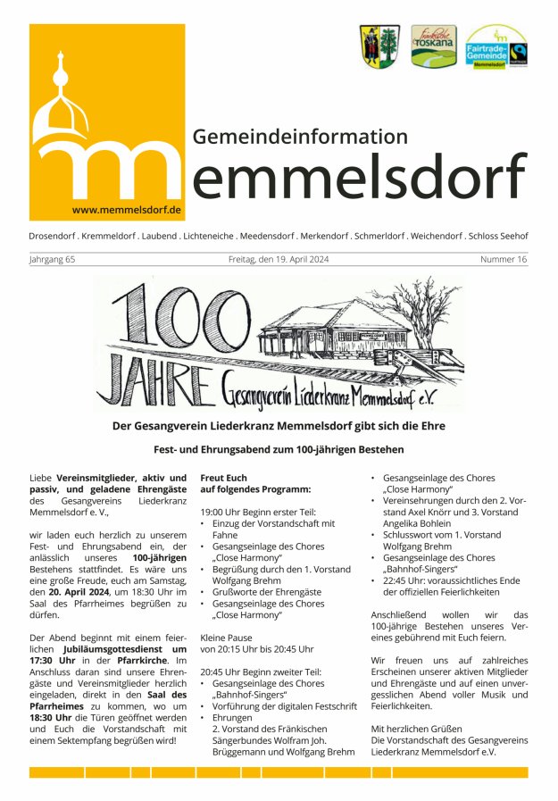 Mitteilungsblatt der Gemeinde Memmelsdorf Titelblatt 16/2024