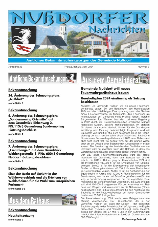 Nußdorfer Nachrichten Titelblatt 08/2024