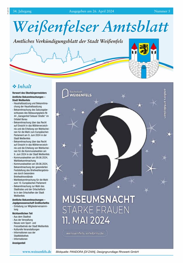 Weißenfelser Amtsblatt – Amtliches Verkündungsblatt der Stadt Weißenfels Titelblatt 05/2024