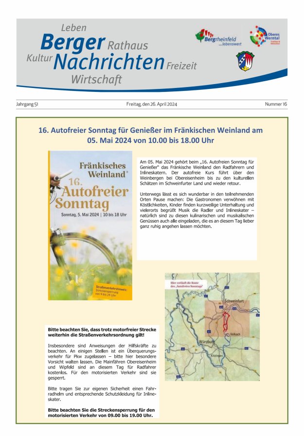 Berger Nachrichten, Bergrheinfeld Titelblatt 16/2024