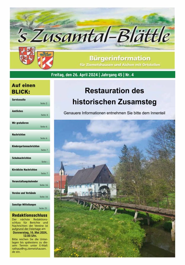 's Zusamtal-Blättle Bürgerinformationen für Ziemetshausen und Aichen mit OTen Titelblatt 04/2024