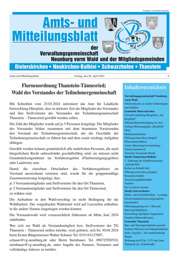 Amts- u Mitteilungsblatt der VG Neunburg vorm Wald u d Mitgliedsgemeinden Titelblatt 04/2024