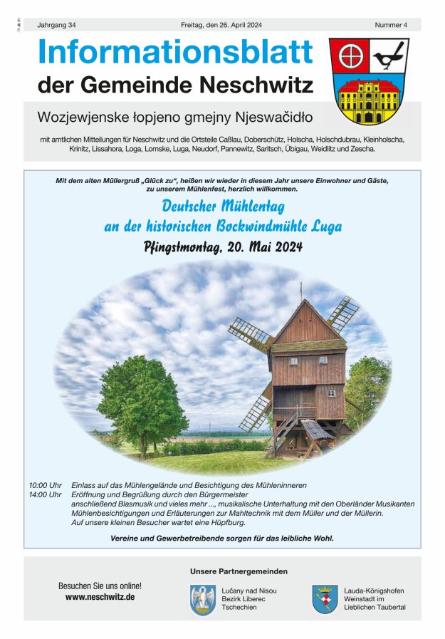 Informationsblatt der Gemeinde Neschwitz mit amtlichen Mitteilungen Titelblatt 04/2024