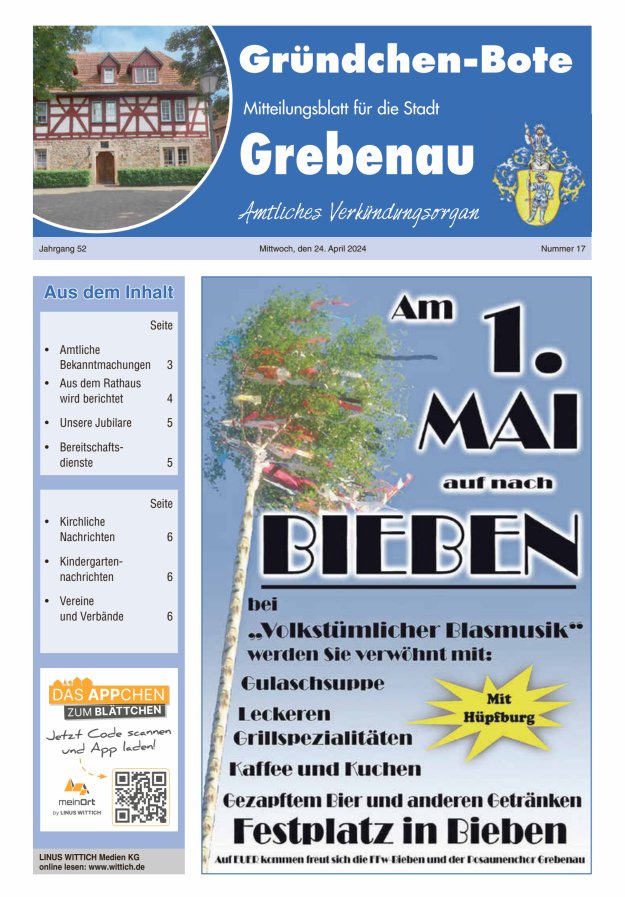 Grebenau - Gründchen Bote - Mitteilungsblatt für die Stadt Grebenau Titelblatt 17/2024