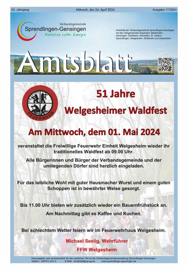Amtsblatt VG Sprendlingen-Gensingen Titelblatt 17/2024
