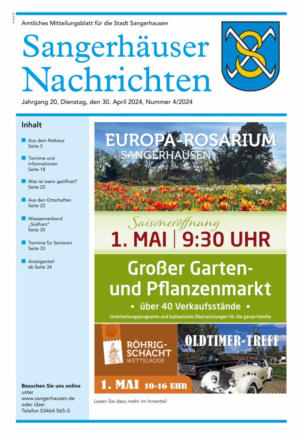 Sangerhäuser Nachrichten – Amtliches Mitteilungsblatt für die Stadt Sangerhausen Titelblatt 04/2024
