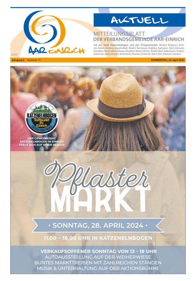 Mitteilungsblatt der Verbandsgemeinde Aar-Einrich Ausgabe Katzenelnbogen Titelblatt 17/2024