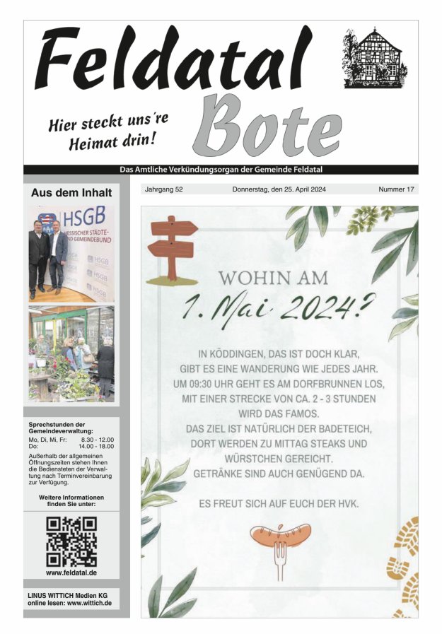 Das Amtliche Verkündungsorgan der Gemeinde Feldatal Titelblatt 17/2024