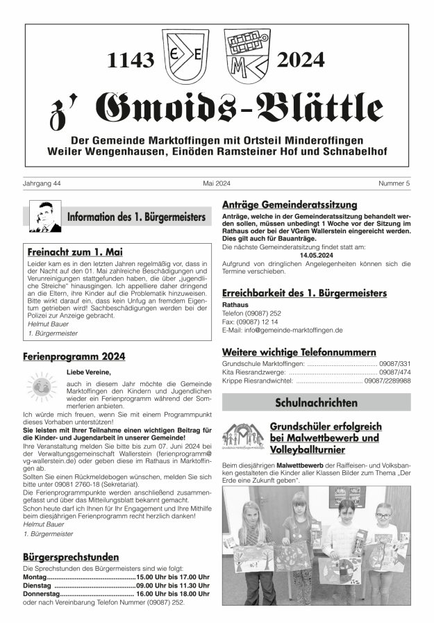 z'Gmoids-Blättle der Gemeinde Marktoffingen mit Ortsteilen Titelblatt 05/2024