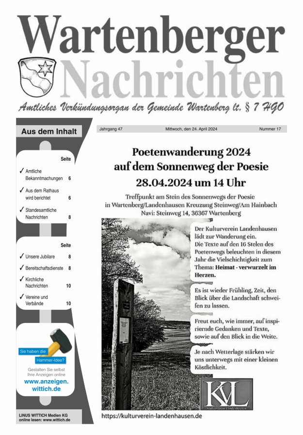 Wartenberger Nachrichten Titelblatt 17/2024