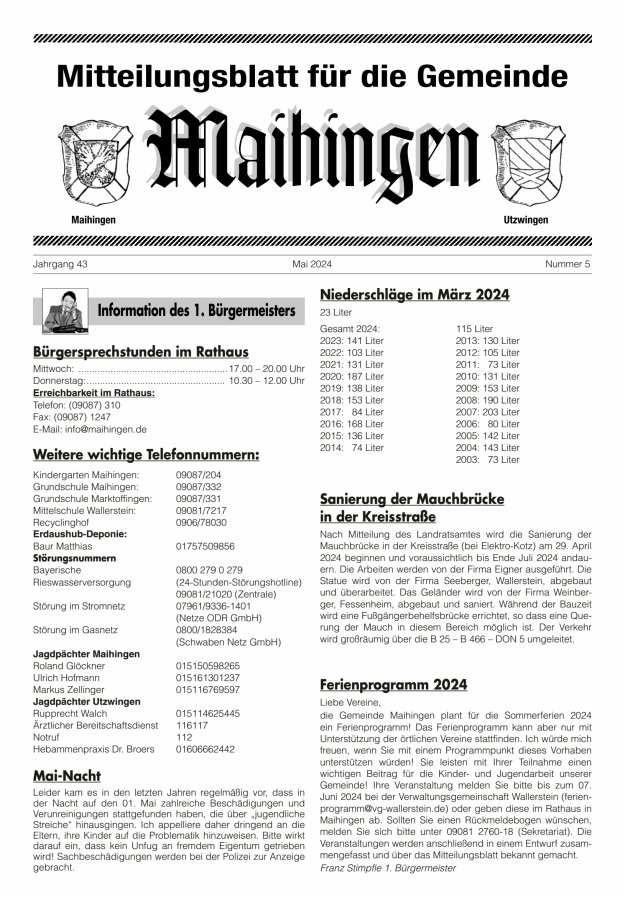 Mitteilungsblatt für die Gemeinde Maihingen Titelblatt 05/2024