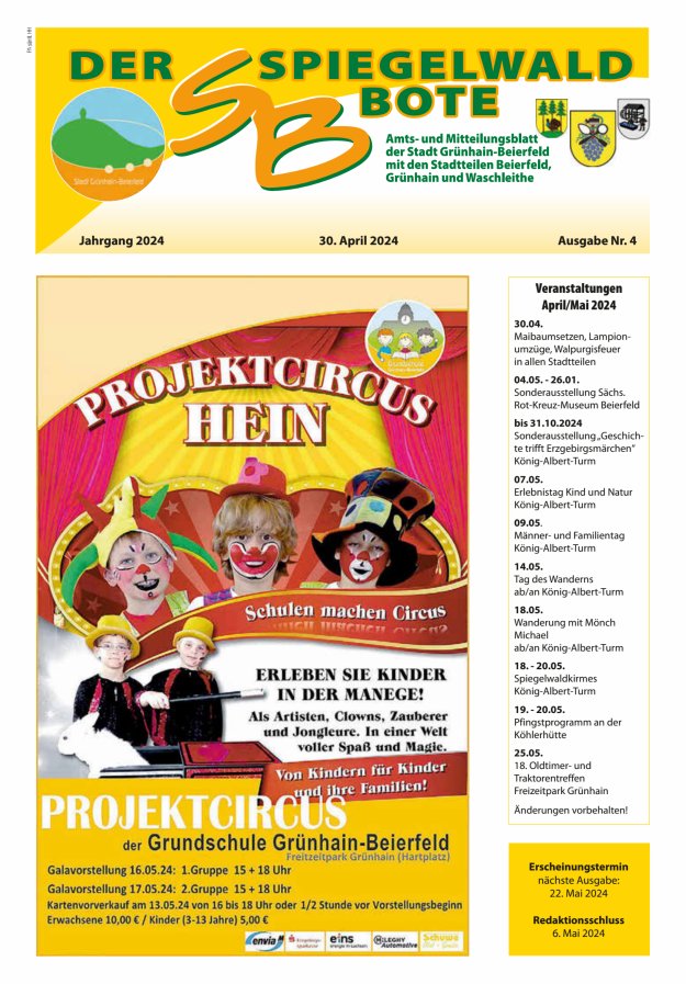 Der Spiegelwaldbote - Amts- und Mitteilungsblatt der Gemeinde Grünhain-Beierfeld  Titelblatt 04/2024