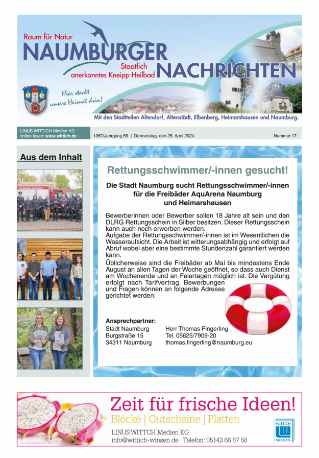 Naumburger Nachrichten Titelblatt 17/2024