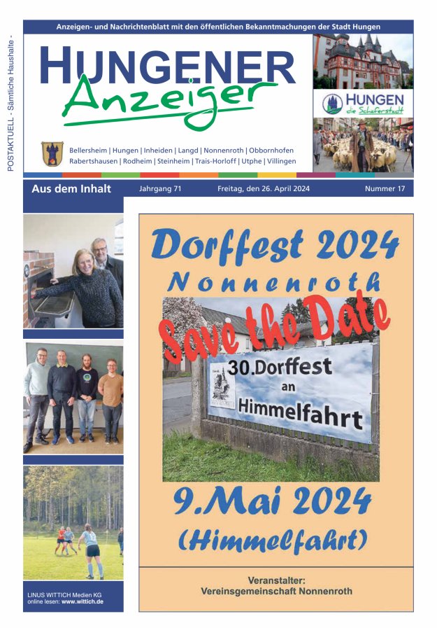 Anzeigen- und Nachrichtenblatt mit den öff  Bekanntmachungen der Stadt Hungen Titelblatt 17/2024