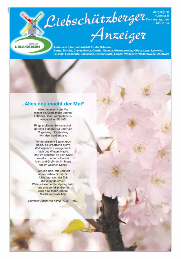 Liebschützberger Anzeiger - Amts- und Informationsblatt Titelblatt 05/2024