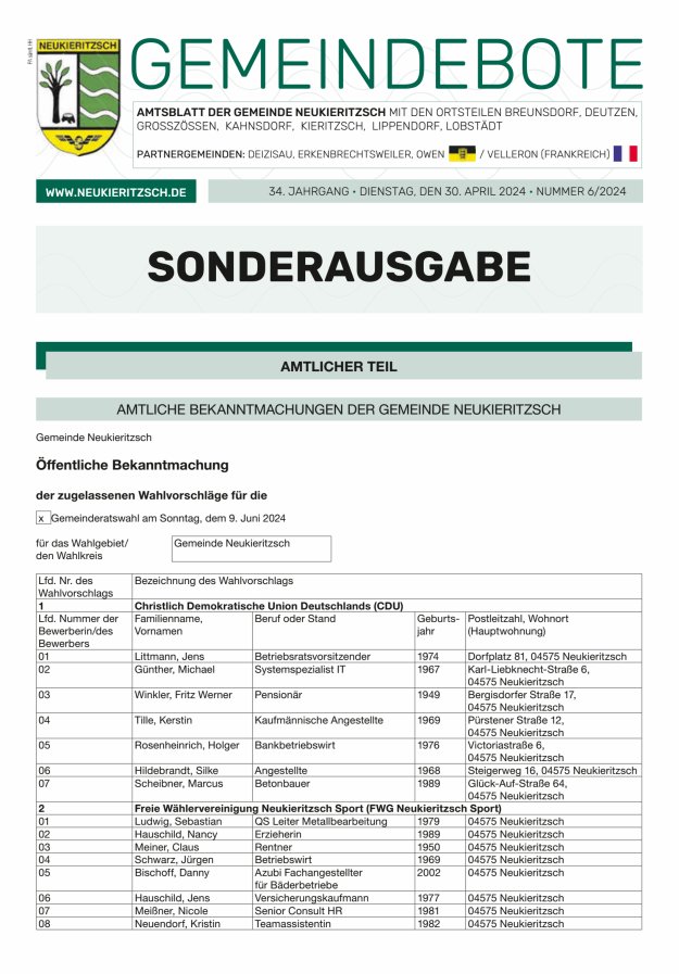 Gemeindebote - Amtsblatt der Gemeinde Neukieritzsch mit den Ortsteilen Titelblatt 06/2024