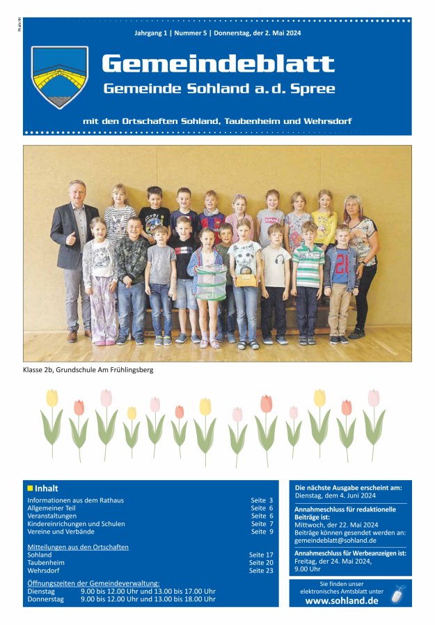 Amtsblatt der Gemeinde Sohland a. d. Spree mit den Ortschaften Sohland, Taubenheim und Wehrsdorf Titelblatt 05/2024