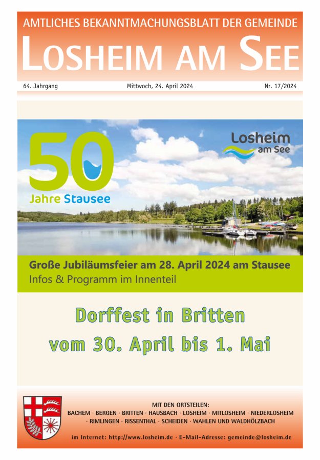 Amtliches Bekanntmachungsblatt der Gemeinde Losheim am See Titelblatt 17/2024