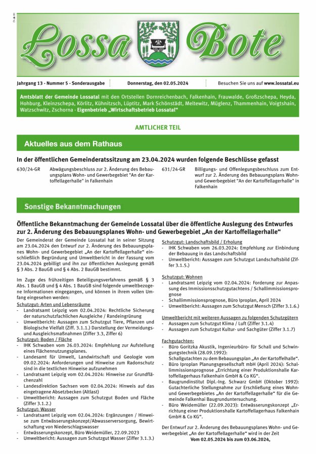 Amtsblatt Lossa Bote - Gemeinde Lossatal mit den Ortsteilen Titelblatt 05/2024