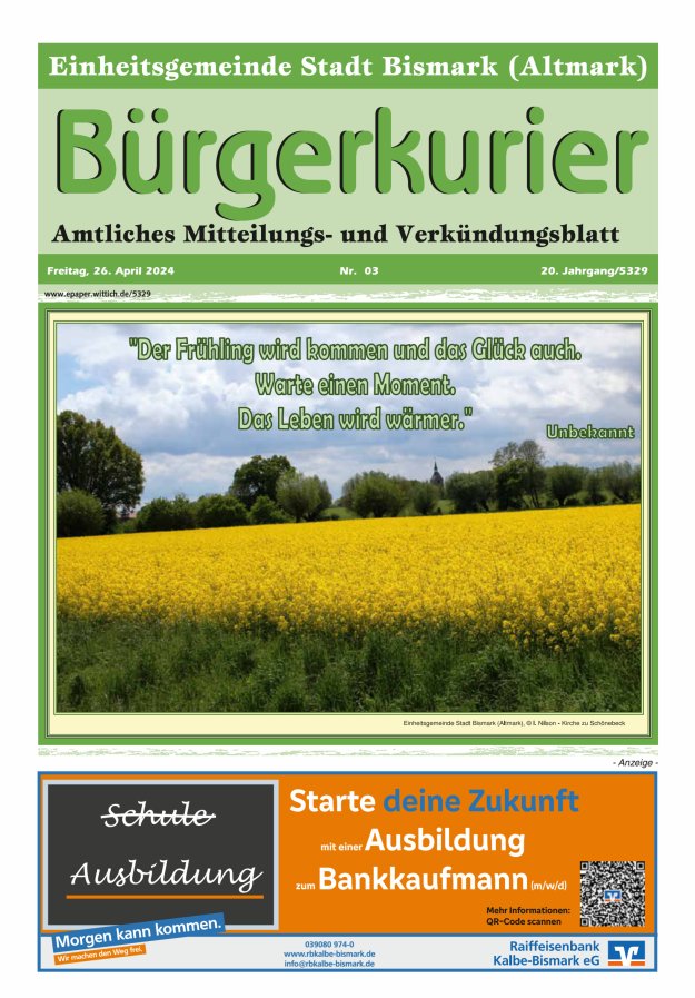 Bürgerkurier der Einheitsgemeinde Stadt Bismark (Altmark) Titelblatt 03/2024