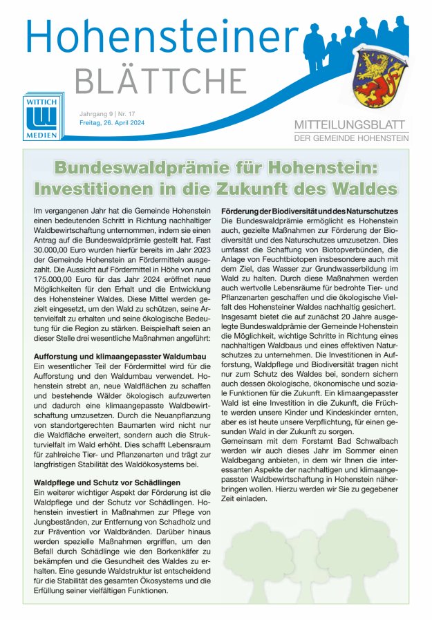 Hohensteiner Blättche Titelblatt 17/2024