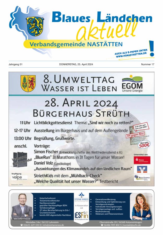 Blaues Ländchen aktuell - Heimat- u Bürgerzeitung VG Nastätten Titelblatt 17/2024