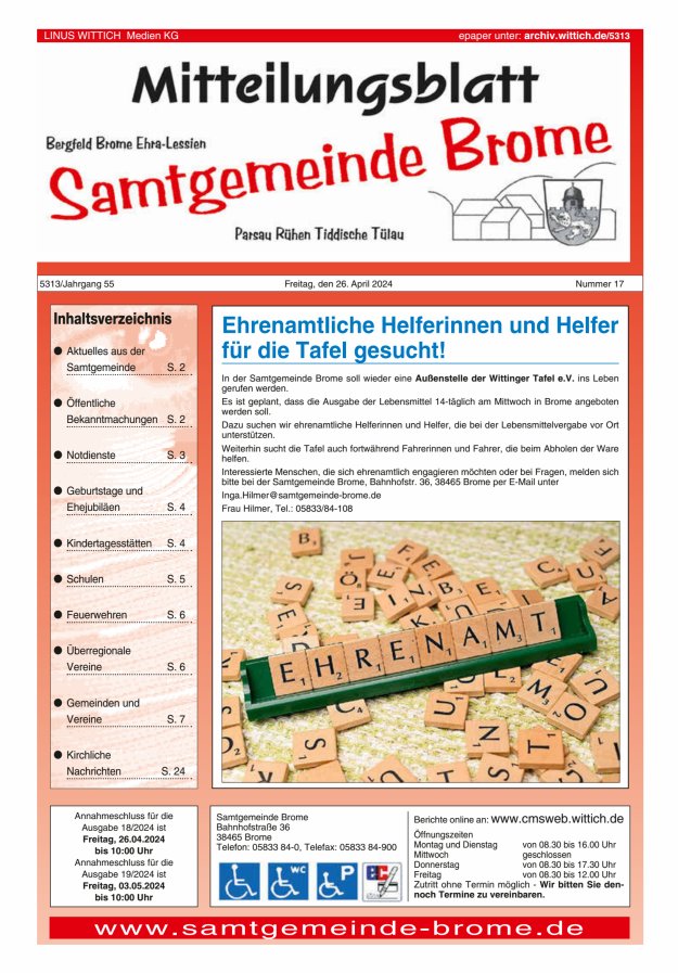 Mitteilungsblatt der Samtgemeinde Brome Titelblatt 17/2024