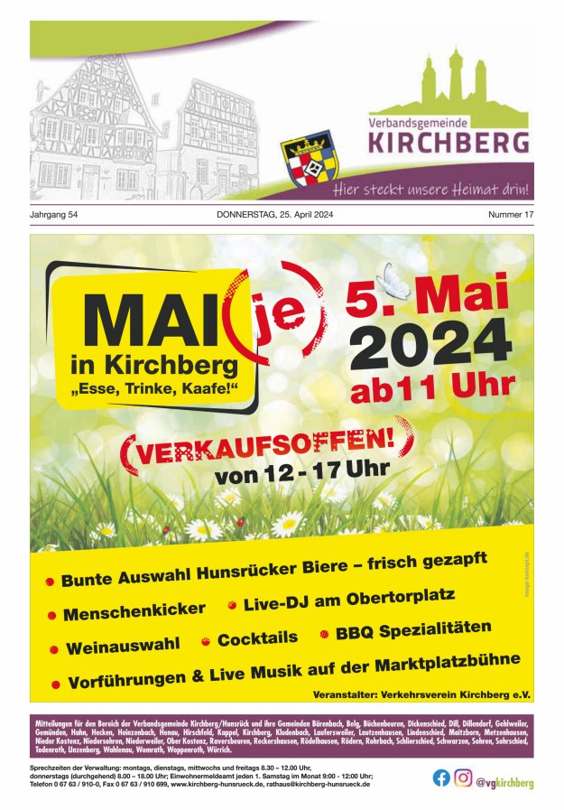 Mitteilungen der Verbandsgemeinde Kirchberg Hunsrück Titelblatt 17/2024