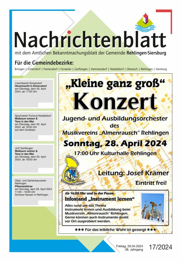 Nachrichtenblatt Rehlingen-Siersburg Titelblatt 17/2024