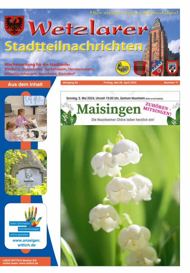 Wetzlarer Stadtteilnachrichten Titelblatt 17/2024