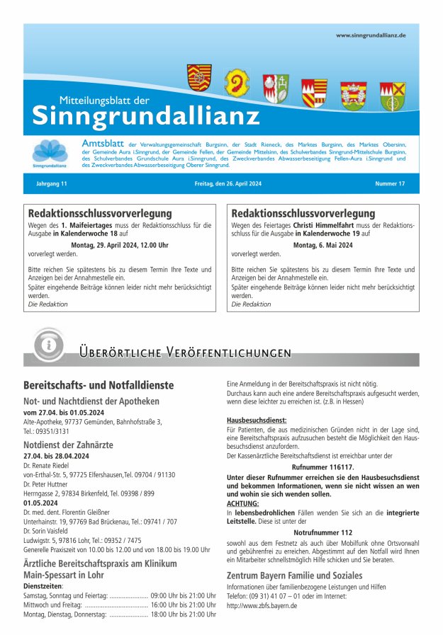 Mitteilungsblatt der Sinngrundallianz Titelblatt 17/2024