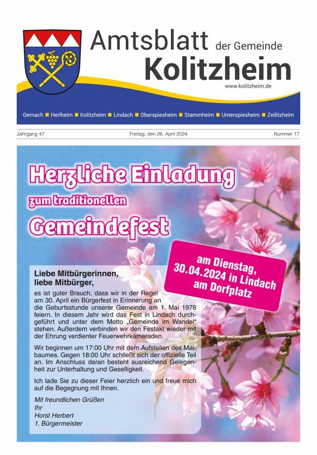 Amtsblatt der Gemeinde Kolitzheim Titelblatt 17/2024