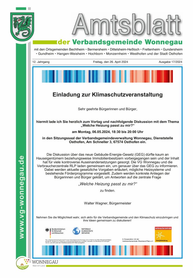 Amtsblatt VG Wonnegau Titelblatt 17/2024