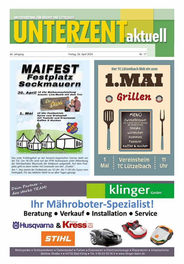 Unterzent aktuell Wochenzeitung für Höchst und Lützelbach Titelblatt 17/2024