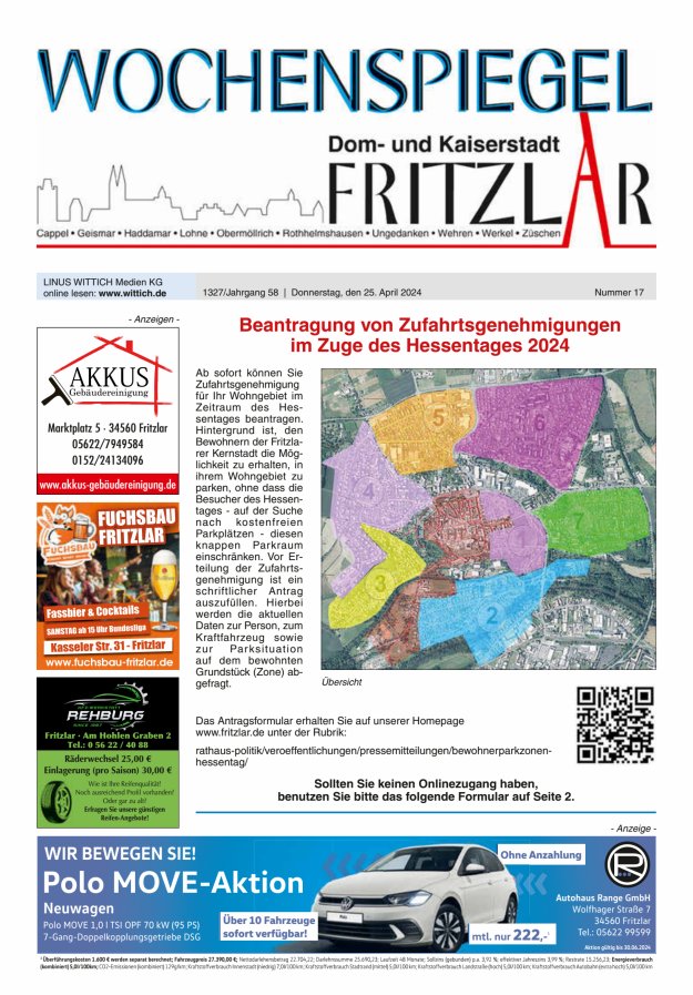Wochenspiegel Dom- und Kaiserstadt Fritzlar Titelblatt 17/2024
