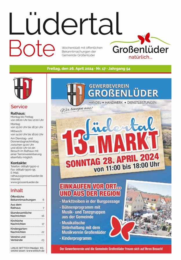 Wochenblatt mit öffentlichen Bekanntmachungen der Gemeinde Großenlüder Titelblatt 17/2024