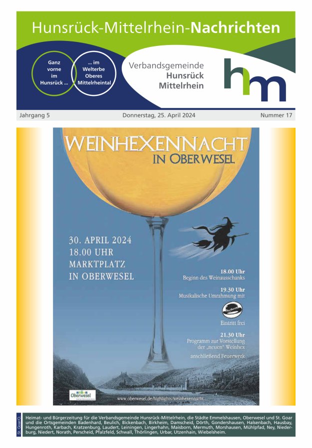 Hunsrück-Mittelrhein Nachrichten Ausgabe St Goar Oberwesel Titelblatt 17/2024