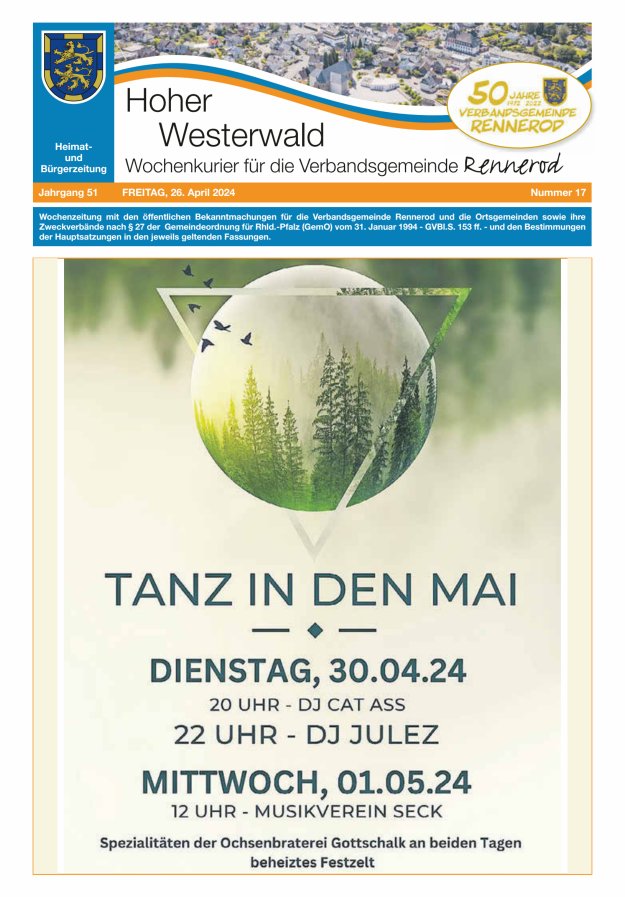 Hoher Westerwald - Wochenkurier für die Verbandsgemeinde Rennerod Titelblatt 17/2024