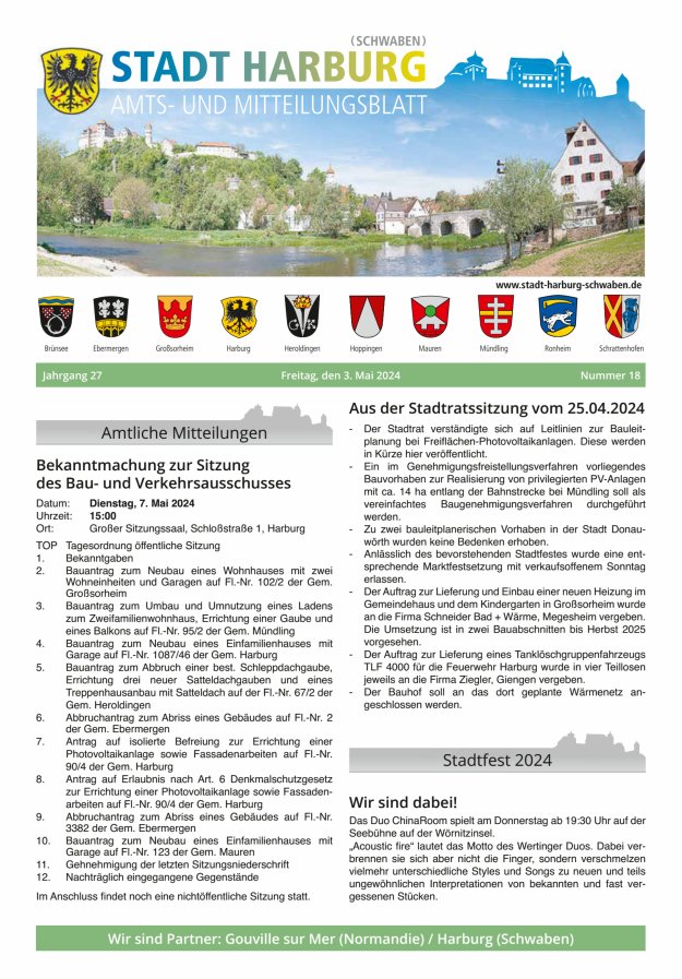 Amts- und Mitteilungsblatt der Stadt Harburg Titelblatt 18/2024